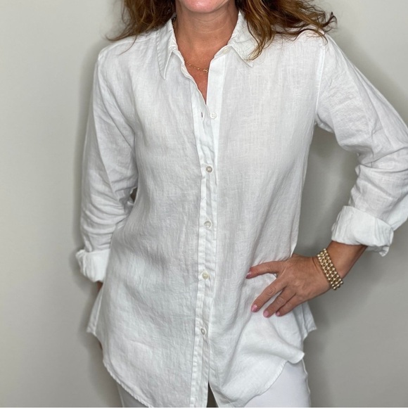 Pure Amici Classic White Linen Long Tunic Button Up Shirt Rounded Hem Sz S - Picture 3 of 16